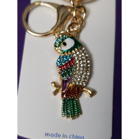 Mint Multicolor Parrot Bird Rhinestone Purse Charm Key Ring Chain Gold Tone New - Picture 3 of 4